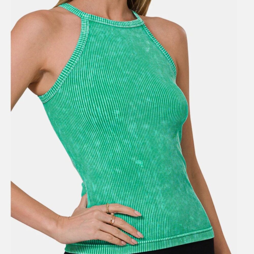 NEW ZENANA KELLY GREEN STONE WASHED RIBBED SEAMLESS CAMI TOP S/M